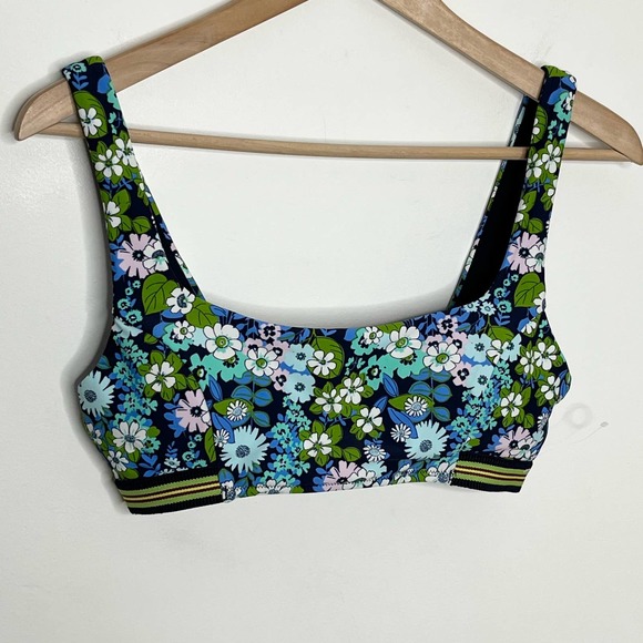 Aerie Bikini Set, Size Medium Navy Floral Scoop Neck High Waist - Picture 3 of 9